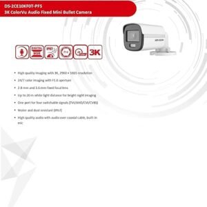 CAMERA OUT 5MP HIKVISION 3K (DS-2CE10KF0T-LPFS)-كاميرا 5 ميجا الوان صوت 24ساعه