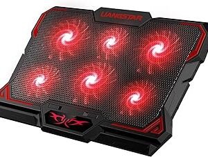 قاعدة تبريد للاب توب، مبرد لاب توب مع 6 مراوح LED هادئة لحامل مروحة تبريد لاب توب 15.6-17 بوصة، وسادة تبريد محمولة رفيعة للغاية تعمل بمنفذ USB، وظيفة التحكم في سرعة المروحة، أحمر