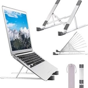 stand labtop metal - حامل لاب توب اكسماكسبيل مصنوع من الالومنيوم وقابل للطي والتعديل مع 8 مستويات ارتفاع وسهل الحمل لاجهزة نوت بوك متوافق مع اللاب توب حتى 17 بوصة (فضي)