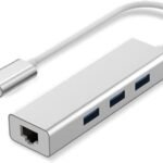 hub type-C to 3port usb2 +lan AD - محول USB نوع C إلى 3 منافذ من ار تي اس + محول RJ45 إلى شبكة محلية جيجابت إيثرنت + 3 منافذ USB لماك بوك/ برو/ اي ماك/ كروم بوك (لون فضي)