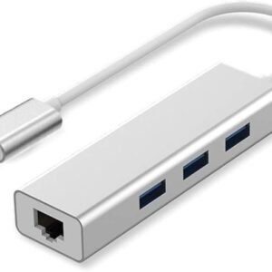 hub type-C to 3port usb2 +lan AD - محول USB نوع C إلى 3 منافذ من ار تي اس + محول RJ45 إلى شبكة محلية جيجابت إيثرنت + 3 منافذ USB لماك بوك/ برو/ اي ماك/ كروم بوك (لون فضي)