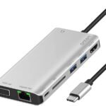 Onten_Hub 8*1_Type-C TO HDMI(4K)+SD CARD+PD  CHARGE+USB3.0+VGA+AUDIO+GIGABIT NET_OTN-9591B - موزع شحن USB نوع C 8 سم مع ايثرنت بسرعة 1 جيجابت في الثانية ومنفذ 4K HDMI ومنفذ في جي ايه ومنفذ شحن بي دي ومنفذين USB 3.0 وكابل صوت 3.5 ملم وبطاقة SD لاجهزة اللاب توب من اونتين OT-9591B، فضي