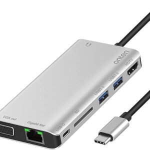 Onten_Hub 8*1_Type-C TO HDMI(4K)+SD CARD+PD CHARGE+USB3.0+VGA+AUDIO+GIGABIT NET_OTN-9591B - موزع شحن USB نوع C 8 سم مع ايثرنت بسرعة 1 جيجابت في الثانية ومنفذ 4K HDMI ومنفذ في جي ايه ومنفذ شحن بي دي ومنفذين USB 3.0 وكابل صوت 3.5 ملم وبطاقة SD لاجهزة اللاب توب من اونتين OT-9591B، فضي