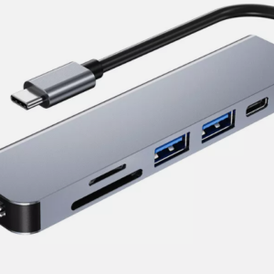 هاب تايب‑سي 6×1 متعدد المنافذ - Type‑C 6‑in‑1 Hub – 4K HDMI, USB 3.0 ×2, USB‑C/PD Adapter, Multi‑Function Dock Station